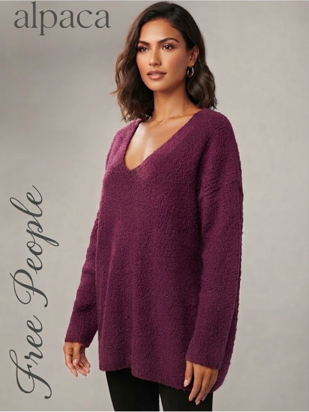 Free People Berry Burgundy Alpaca Blend Oversized V-Neck Sweater Size L/XL